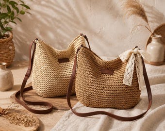 Bolso de hombro de paja tejido a mano / Bolso tote tejido estilo boho / Bolso de mano estilo rafia natural para mujer