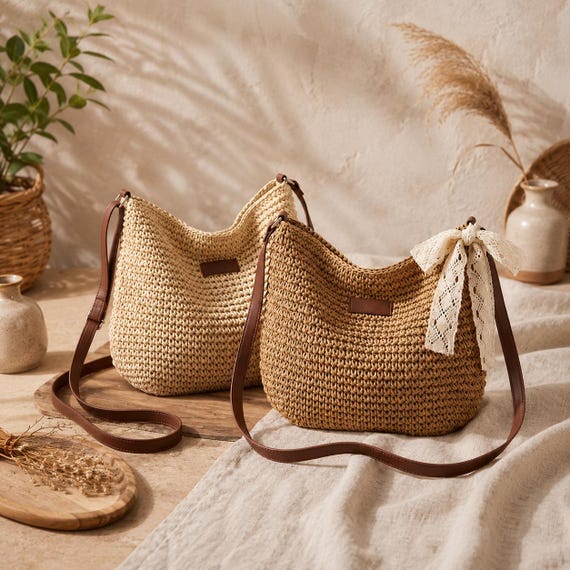 Handwoven Straw Shoulder Bag | Boho Woven Tote Purse | Natural Raffia Style Handbag for Women