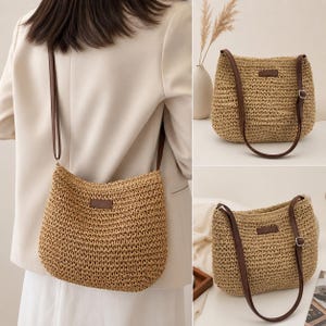 Handwoven Straw Shoulder Bag | Boho Woven Tote Purse | Natural Raffia Style Handbag for Women image 14