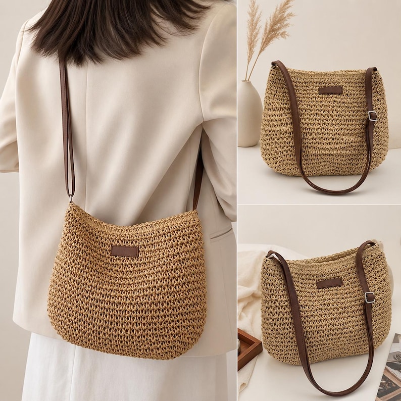 Handwoven Straw Shoulder Bag | Boho Woven Tote Purse | Natural Raffia Style Handbag for Women image 14