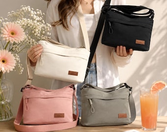 Women's Cream Shoulder Bag, Multi Pocket Crossbody Purse, Casual Everyday Handbag, Travel Organizer Bag