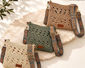 Boho Crochet Crossbody Bag, Handmade Woven Cotton Purse, Adjustable Strap
