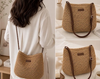 Handwoven Straw Shoulder Bag | Boho Woven Tote Purse | Natural Raffia Style Handbag for Women