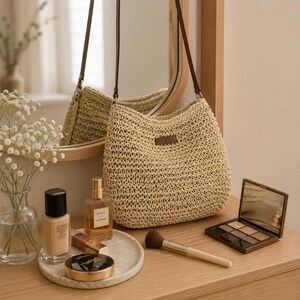 Handwoven Straw Shoulder Bag | Boho Woven Tote Purse | Natural Raffia Style Handbag for Women image 10