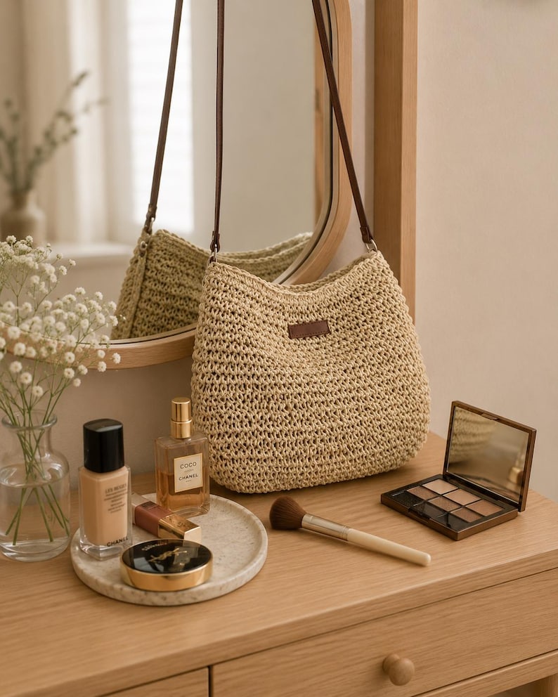 Handwoven Straw Shoulder Bag | Boho Woven Tote Purse | Natural Raffia Style Handbag for Women image 10