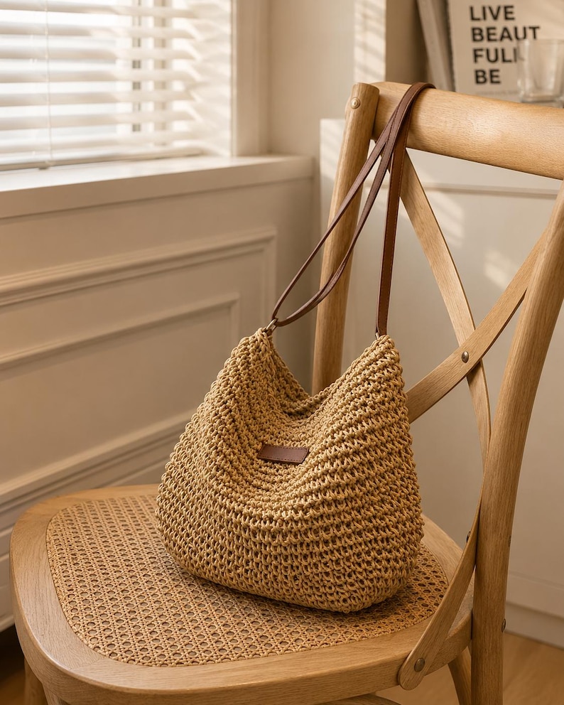 May include: A beige hobo bag crafted from woven material with a slouchy silhouette. The bag features two thin brown leather straps and a small rectangular brown leather patch centred on the front. The texture is consistent and open-knit.
