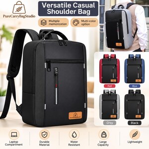 May include: A black backpack with a rectangular shape, featuring a front zippered pocket, padded shoulder straps, and a small tan logo patch. The image displays color variations in red, blue, grey, and black, with text labels including Versatile Casual Shoulder Bag.