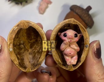 Walnut Trinket Box with Hand-Sculpted Fae Baby, Magical Woodland Figurine Diorama