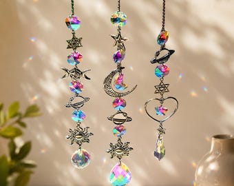 Set of 3 Crystal Sun Catchers Rainbow Maker Hanging Prism Wind Chime Moon Star Window Decor Boho Garden Ornament
