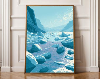 Glaciärkusten väggkonsttryck, arktiskt landskapsaffisch, isbergshavskonstverk, kustnaturdekor