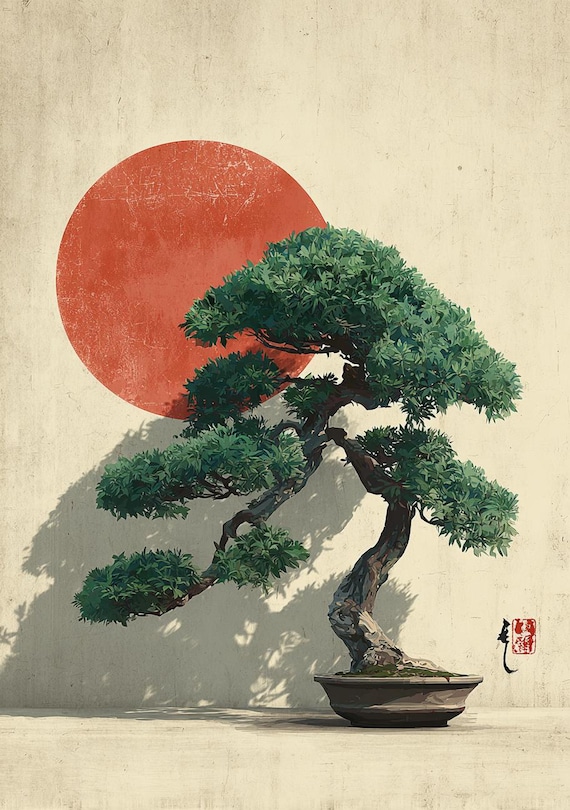 Japanese Bonsai Tree Print, Red Sun Wall Art, Zen Japandi Decor