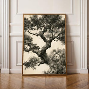 Peut inclure: Une impression d'art murale encadrée présentant une illustration détaillée en noir et blanc d'un grand arbre noueux avec un tronc épais et texturé et des branches tentaculaires. L'œuvre est sur un fond blanc cassé, capturant les motifs complexes de l'écorce et le feuillage dense de la canopée dans un style monochrome à fort contraste.