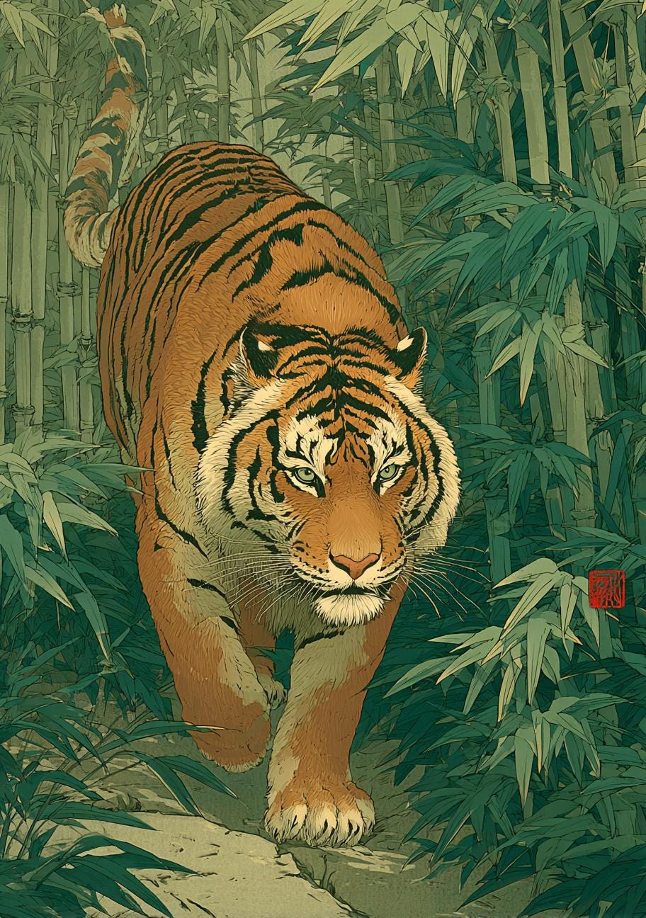 Tiger Wall Art, Japanese Tiger Print, Bamboo Forest Artwork, Asian