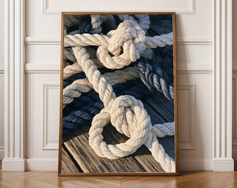 May include: A framed vertical wall art print featuring a detailed illustration of thick, twisted nautical ropes in shades of off-white and dark navy blue. The ropes are arranged in complex knots and coils, resting upon a weathered wooden surface.