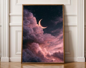 Crescent Moon Poster | Dreamy Night Sky Wall Art | Celestial Cloud Print | Aesthetic Home Decor | Moon Wall Art