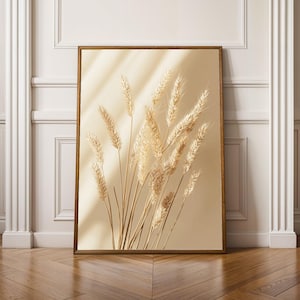 Boho Weizen Gras Poster, neutrale botanische Wandkunst, warme sonnenbeschienene Pampas Druck, erdige minimalistische Wohnkultur