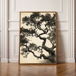 Peut inclure: Une impression d'art encadrée représentant une illustration détaillée en noir et blanc d'un arbre noueux et torsadé au feuillage dense. L'œuvre est placée sur un fond crème clair, mettant en valeur la texture complexe de l'écorce et des branches.