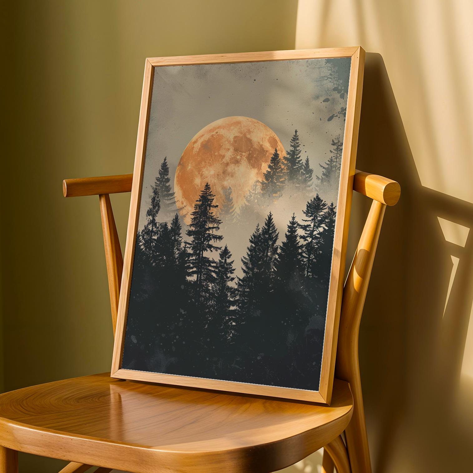 Moon Forest Wall Art, Full Moon Landscape Print, Scandinavian