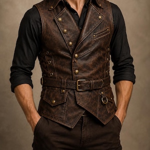 Gilet da uomo in pelle effetto invecchiato stile steampunk / Gilet doppiopetto, abito gotico vittoriano, costume da pirata