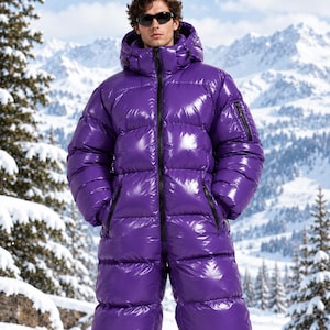 Paarse, glanzende nylon puffer jumpsuit voor heren, oversized winterpak