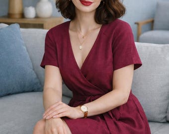 Grünes Leinen Wickelkleid, V-Neck Sommer Midi, A-Line Boho Outfit mit Gürtel