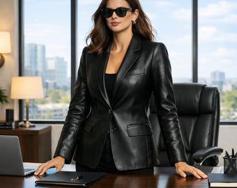 Womens Black Genuine Lambskin Leather Blazer Jacket, Tailored Slim Fit Office Suit, Two Button Real Leather Coat.