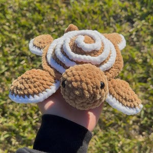 May include: A handmade crochet turtle in shades of brown and white. The turtle's shell features a spiral design, and its flippers and head are detailed with a textured stitch. The turtle is held against a background of green grass.