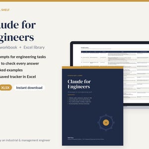 Puede incluir: Un producto digital titulado Claude for Engineers, que incluye un libro de trabajo de prompts y una biblioteca de Excel. La portada azul oscuro muestra el título, un icono de engranaje y funciones. Una pantalla de portátil muestra una hoja de cálculo.