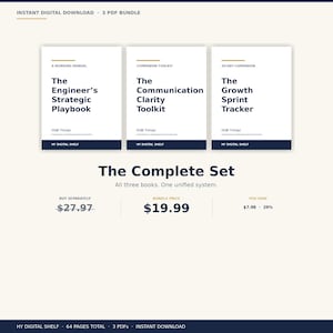 May include: A digital download bundle featuring three guides: "The Engineer's Strategic Playbook," "The Communication Clarity Toolkit," and "The Growth Sprint Tracker." The set is offered as a complete system.