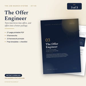 Op de afbeelding: Een 27-pagina tellend printbaar PDF-document getiteld The Offer Engineer, onderdeel van een systeem voor het zoeken naar werk. De donkerblauwe omslag bevat gouden tekst, een cirkelvormige afbeelding en 9 frameworks, 15 prompts en sjablonen.