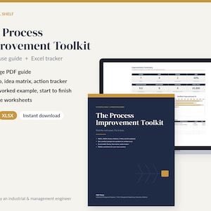 May include: The Process Improvement Toolkit digital product includes a 26-page PDF guide, an Excel tracker, Pareto and idea matrix tools, and fillable worksheets. The display shows a dark blue document cover and a laptop screen with data tables.
