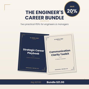 Puede incluir: El paquete de carrera para ingenieros, con dos PDF imprimibles para ingenieros y gerentes. Incluye un "Strategic Career Playbook" azul marino y un "Communication Clarity Toolkit" crema. El paquete tiene un 20% de descuento.