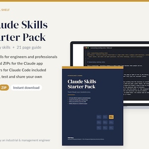 Può includere: Un prodotto digitale intitolato Claude Skills Starter Pack che include 12 competenze pronte all'uso e una guida di 21 pagine. L'immagine mostra un elenco di funzionalità, icone PDF e ZIP, e una rappresentazione della guida e del codice.