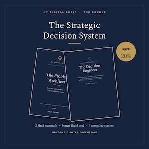 May include: A digital bundle titled The Strategic Decision System featuring two dark blue manuals, The Problem Architect and The Decision Engineer, by Hilal Yilmaz. The graphic includes a gold circle with the text SAVE 20% and a note about a bonus Excel tool.