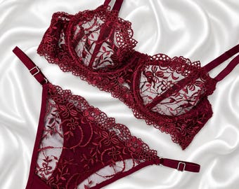 Burgundy Floral Underwired Bra Lingerie Set