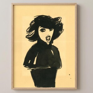 Expressionist Ink Woman Portrait, Bold Black and Cream Wall Art, Parisian Fashion Sketch Poster, Chic Living Room Decor, Digital Download