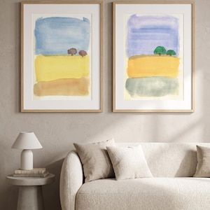 Abstract Watercolor Diptych, Minimalist Landscape Set of 2, Horizon Fine Art Prints, Earthy Tone Ochre Yellow Wall Decor, Digital Download