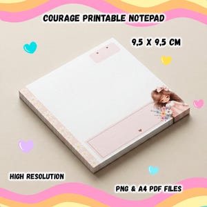 May include: A square printable notepad measuring 9.5 x 9.5 cm featuring a white paper surface with a light pink border, a daisy pattern on the left edge, and an illustration of a girl holding a bouquet of flowers in the bottom right corner.