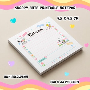 Pode incluir: Um bloco de notas quadrado de 9,5 x 9,5 cm com o texto "SNOOPY CUTE PRINTABLE NOTEPAD" e "Notepad" no topo. O papel tem linhas horizontais cor-de-rosa, ilustrações do Snoopy com flores, pequenos corações e uma caixa "Reminder" na parte inferior.