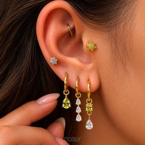 Gold Teardrop Hoop Earring Set • CZ Flower Stud Multi Piercing • Dangle Huggie Stack • Hypoallergenic Gift for Her • 18K Gold Plated