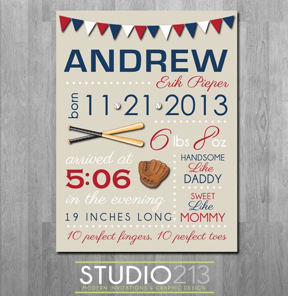 BASEBALL Baby Birth Announcement Baby Artwork Nursery Decor Etsy