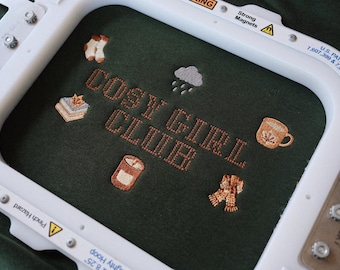 Cosy Girl Club Embroidered Sweatshirt, Autumn Book Lover Jumper, Coffee & Reading Gift, Cute Winter Sweater