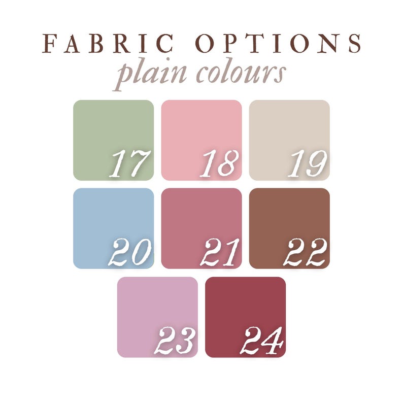 a collection of fabric swatches in various colors, including green, pink, beige, blue, red, and brown.
