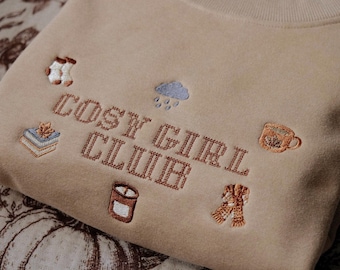 Cosy Girl Club Embroidered Sweatshirt, Autumn Book Lover Jumper, Coffee Rainy Day Cross Stitch Cottagecore Gift, Candle Icon Embroidery