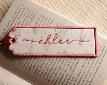 Floral Personalised Bookmark, Custom Embroidered Name, Pink Wildflower Reader Gift