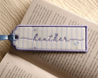 Lavender Stripe Personalised Bookmark: Embroidered Name, Lilac Floral Book Lover Gift
