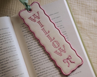 Custom Embroidered Bookmark Pink, Coquette Bow Bookmark, Personalised Name Bookmark, Girly Reader Gift, Fabric Book Mark