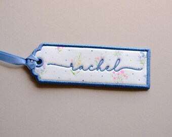 Blue Floral Personalised Bookmark: Custom Embroidered Name, Botanical Book Lover Gift