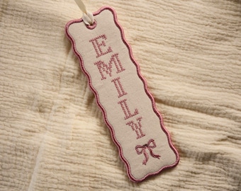 Personalised Embroidered Bookmark, Custom Name Bookmark, Pink Ribbon Bookmark, Scalloped Fabric Book Mark Gift, Cross Stitch Inspired