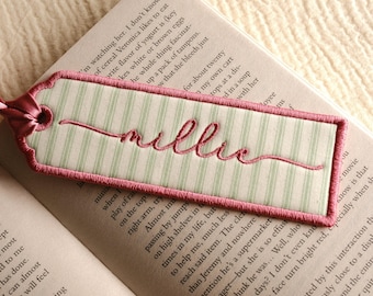 Pink & Sage Striped Bookmark: Personalised Embroidered Name, Preppy Pastel Reader Gift